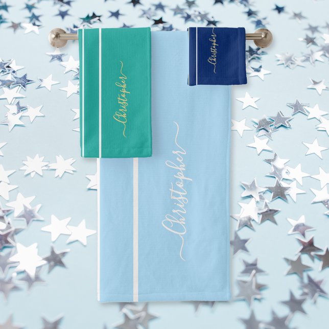 Multicolor Blue Aquamarin White Racing Stripes Mon Badhandtuch Set (Multicolor Blue Teal White Racing Stripes Monogram Bath Towel Set)