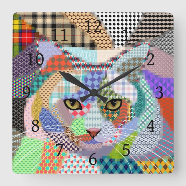 Multicolor Cat 678 Patterns Quadratische Wanduhr (Vorderseite)