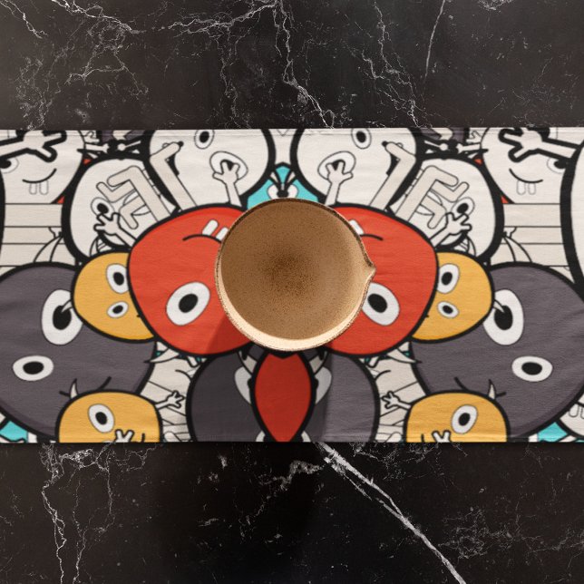 Multicolor Doodle Monster Faces Kurzer Tischläufer (monster table runner)