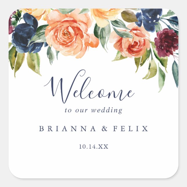 Multicolor Elegant Hochzeitsempfang Quadratischer Aufkleber (Vorderseite)