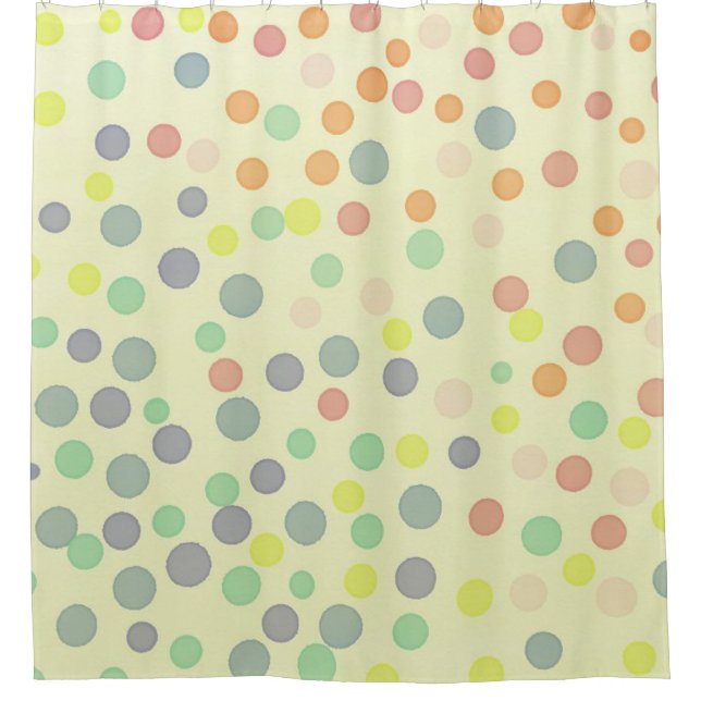 Multicolor-Konfetti-Punkte auf pastellgelb Duschvorhang (Vorderseite)
