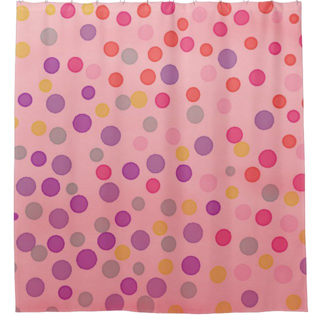 Multicolor Konfetti-Punkte auf rosa Duschvorhang (Vorderseite)