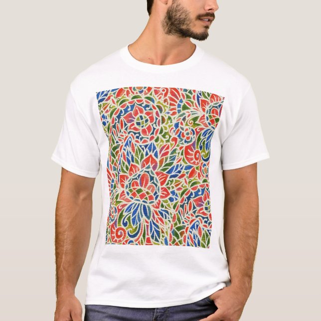 Multicolor Paisley Print Batik Muster T-Shirt (Vorderseite)