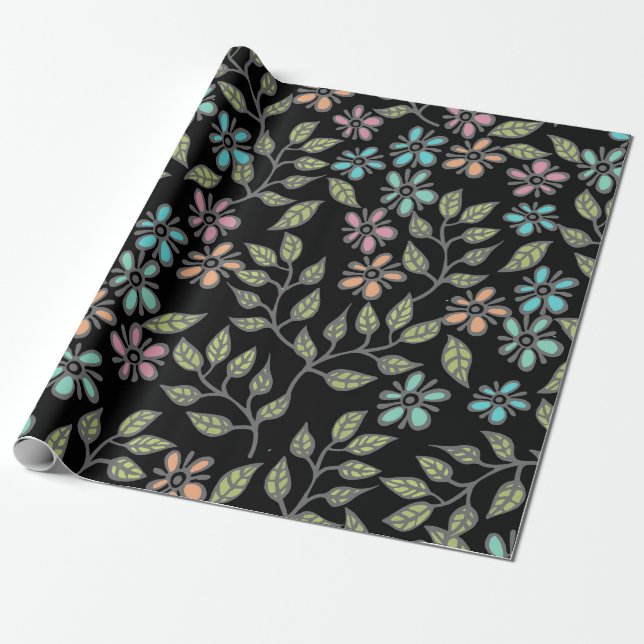 Multicolor Pastel Floral auf schwarzem Hintergrund Geschenkpapier (Ungerollt)