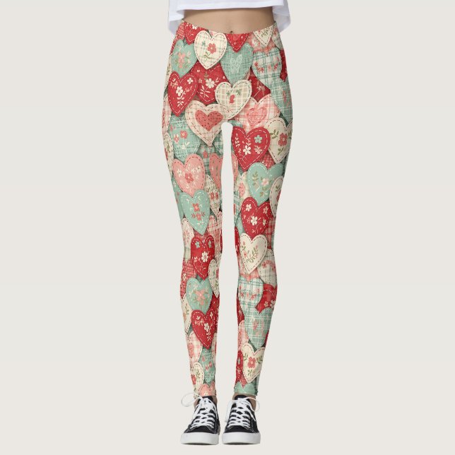 Multicolor-Rustikales-Herz- Quiltblock Leggings (Vorderseite)