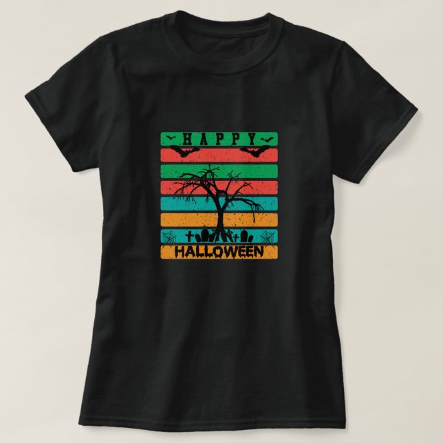 Multicolor Stripe Friedhof mit Fledermäusen und Bä T-Shirt (Design vorne)