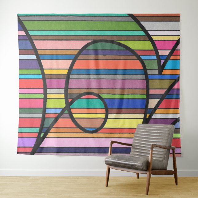 Multicolor Stripte Abstrakte, schwarze Krümmer Wandteppich (Beispiel (Horizontal))