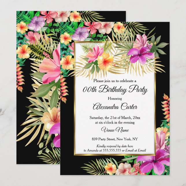 Multicolor Tropical Black Hibiskus Floral Party Einladung (Vorne/Hinten)