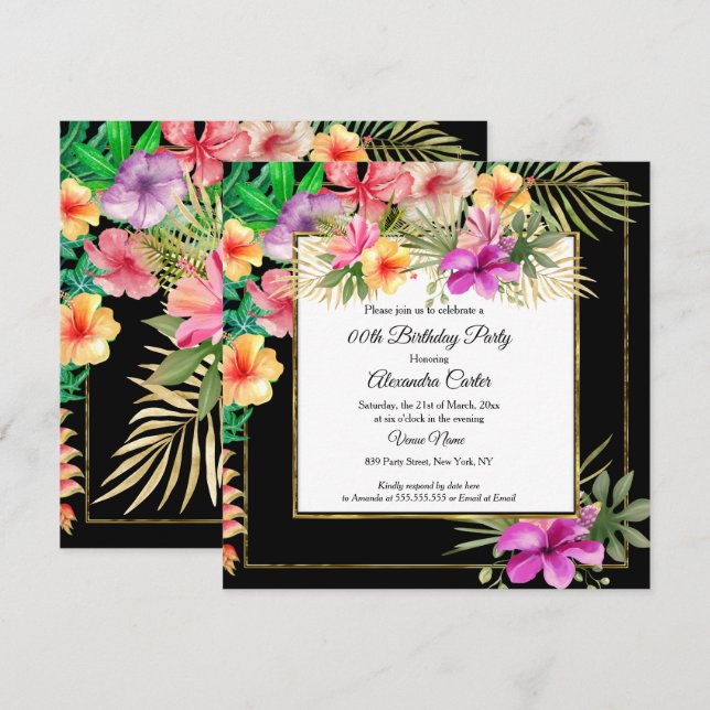 Multicolor Tropical Black Hibiskus Floral Party SQ Einladung (Vorne/Hinten)