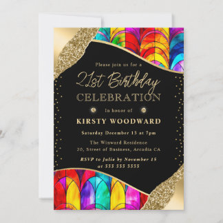 Multicolor- und Gold-Hartglas 21. Geburtstag Einladung