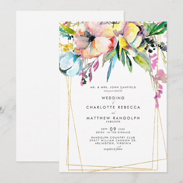 Multicolor Watercolor Floral Wedding Einladung (Vorne/Hinten)