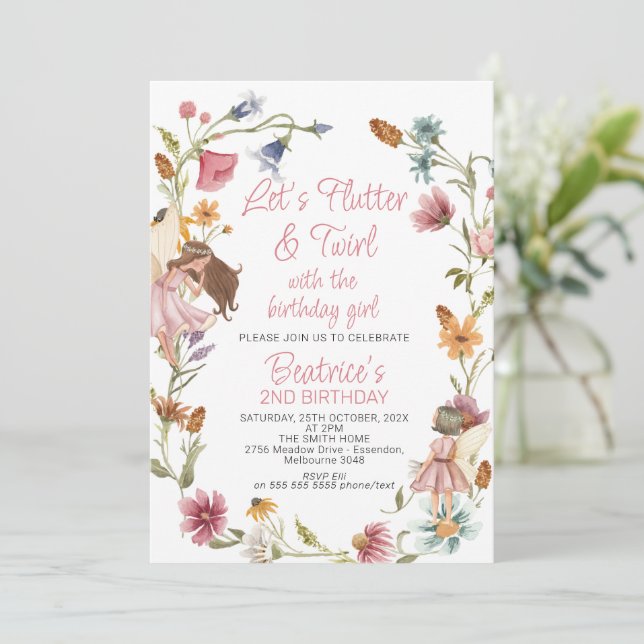 Multicolor Wildblume Wreath and Fairy Birthday Einladung (Stehend Vorderseite)