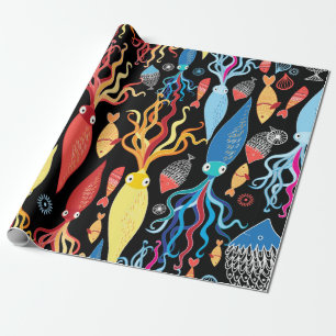 Multicolored pattern of different squid and fish o geschenkpapier