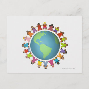 Multiethnische Figuren umkreisen den Globus Postkarte