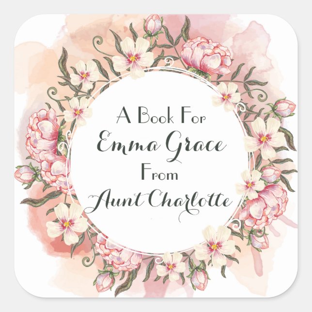 Multiflorales Pink Peony Wreath Gift Buchzeichen Quadratischer Aufkleber (Vorderseite)
