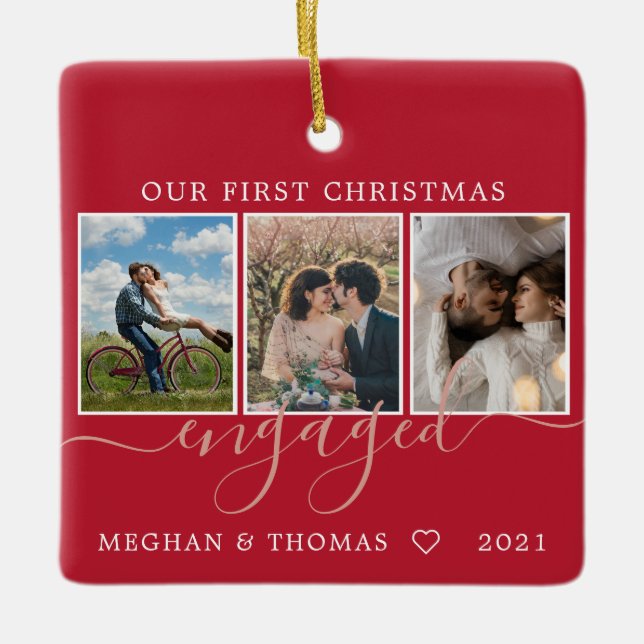 Multifotos first Christmas Engaged Red Keramikornament (Vorderseite)