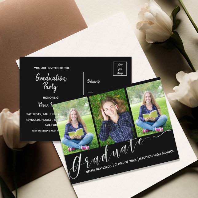 Multiphoto | Script | Faire-part de diplôme (Modern Multi Photo Class of 2026 Graduation Party Invitation Postcard)