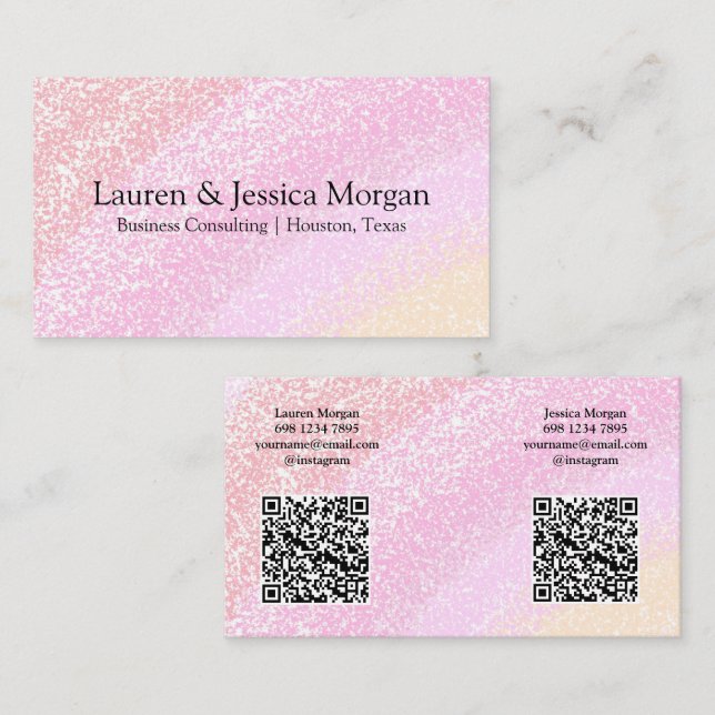 Multiple QR Code 2 Names & Contact Pink Glitter Visitenkarte (Vorne/Hinten)