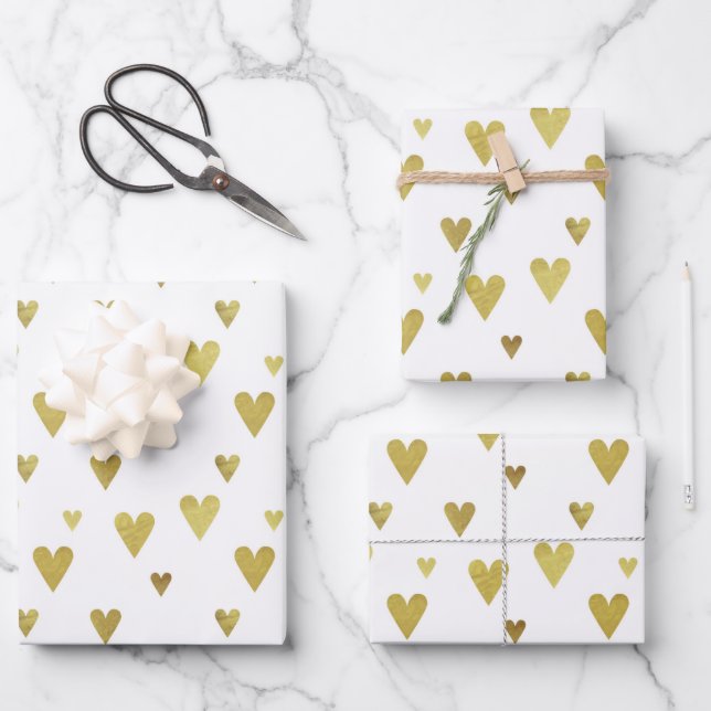 Multiples goldenes Herz auf weißem Hintergrund Geschenkpapier Set (Vorderseite)