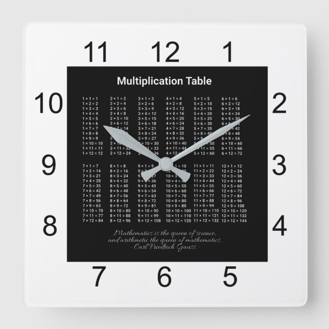 Multiplikationstabelle Weißer Text auf dunkel Quadratische Wanduhr (Vorderseite)