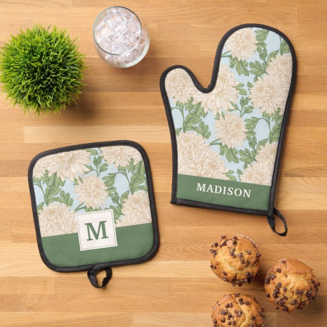 Mum Blume Muster Ofenhandschuh & Topflappen-Set (Oben Unten)