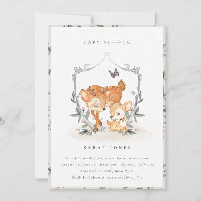 Mum Deer Fawn Floral Wappen Kinderdusche einladen Dankeskarte (Vorderseite)