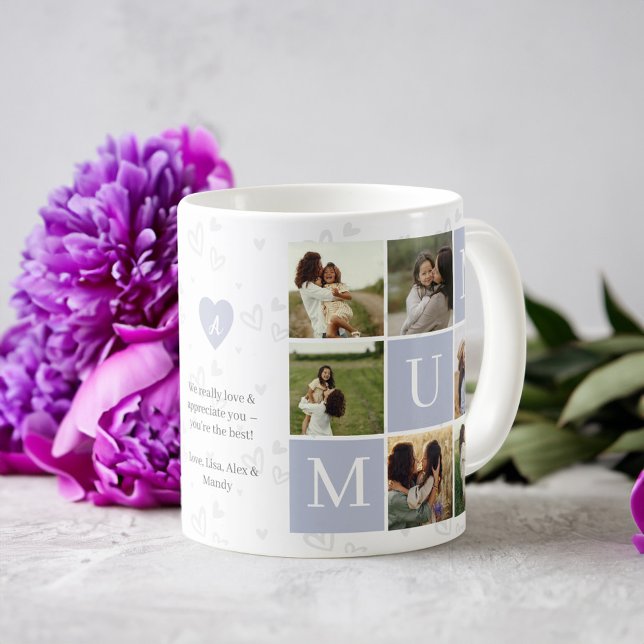 Mum Foto Square Gird Monogram & Personalisiert Kaffeetasse (Mum Photo Square Gird Monogram & Personalized Coffee Mug)