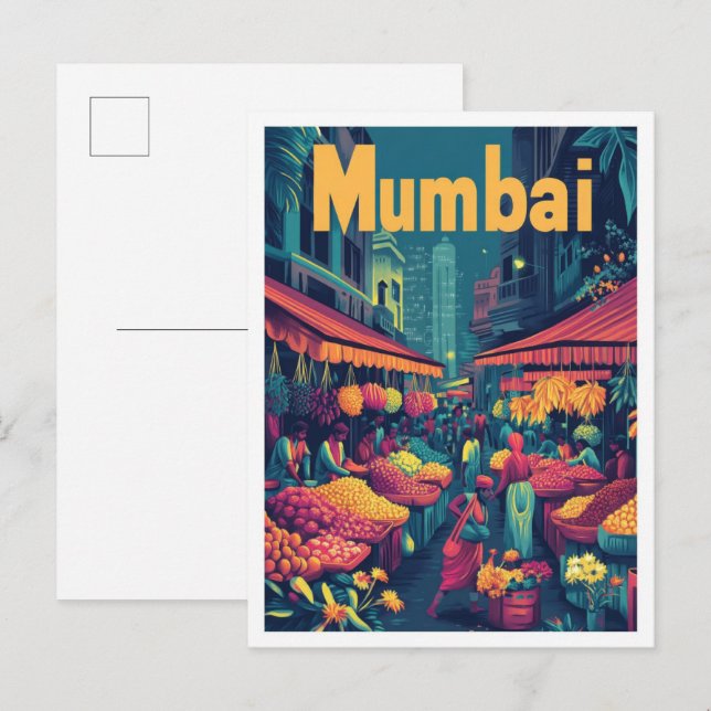 Mumbai India Art Vintage Travel Illustration Postkarte (Vorne/Hinten)