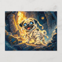 Mumien-Pug läuft durch einen antiken Tempel
