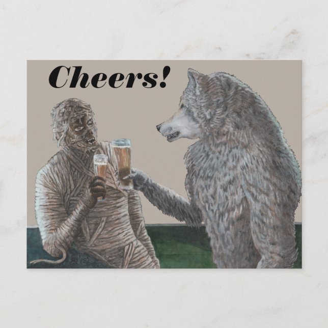Mummy and Werewolf Drinks Fantasy Art Postkarte (Vorderseite)