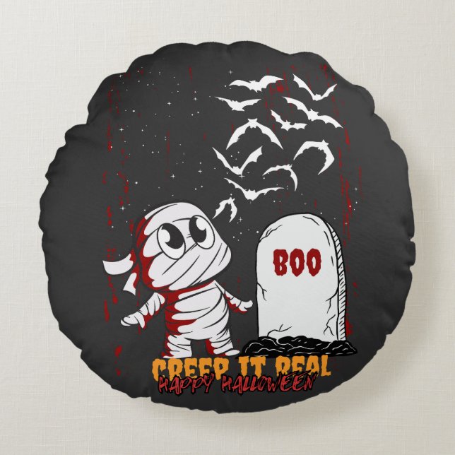 Mummy at Grave Boo Halloween Rundes Kissen (Vorderseite)