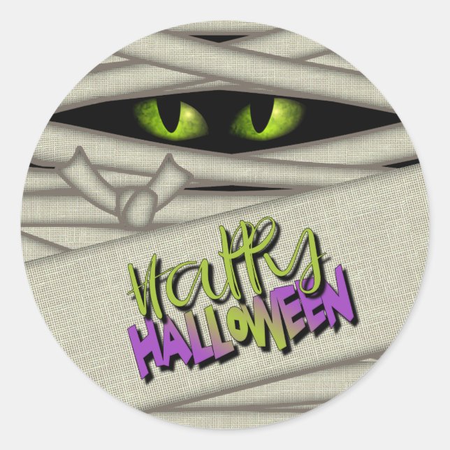 Mummy Eyes Happy Halloween Green/Lila ID685 Runder Aufkleber (Vorderseite)