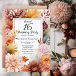 Mums | Peonies Floral Sweet 16 Birthday Party Einladung<br><div class="desc">Elegant chrysanthemums and peonies floral design "Sweet 16 Birthday Party" featuring a floral frame of mums and peony flowers in burgundy,  burnt orange,  apricot and pink on a white background center panel.  Back design features a multi-layered coordinating colors watercolor background</div>