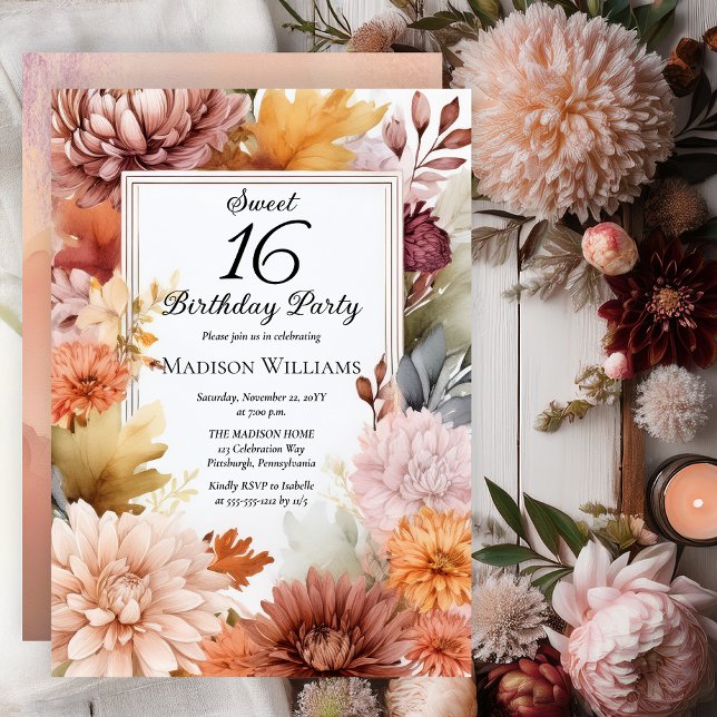 Mums | Peonies Floral Sweet 16 Birthday Party Einladung (Elegant Boho Chrysanthemums and Peonies Floral Sweet 16 Birthday Party Invitation - Print | Digital)