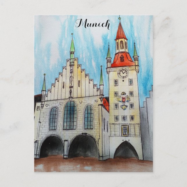 München Deutschland Altstadt Rathaus Wasserfarbe Postkarte (Vorderseite)