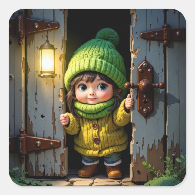 Munchkin mit Strickmütze und Pullover Quadratischer Aufkleber (Vorderseite)