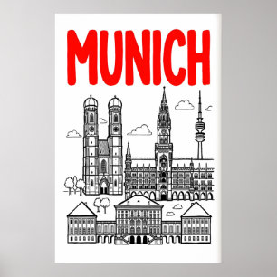 Münchner Skyline Poster, roter Titel, schwarze Umr Poster
