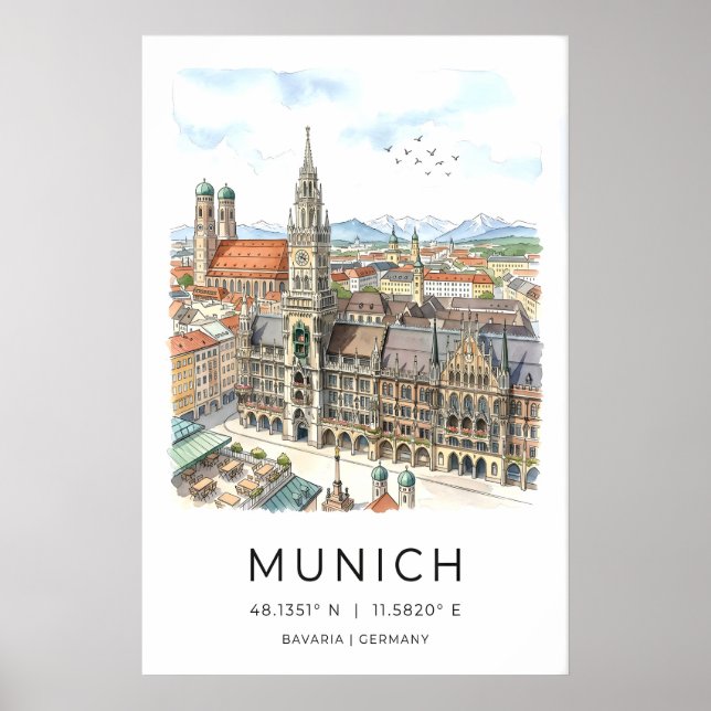 Münchner Skyline-Wandkunst - Handillustration Poster (Vorne)