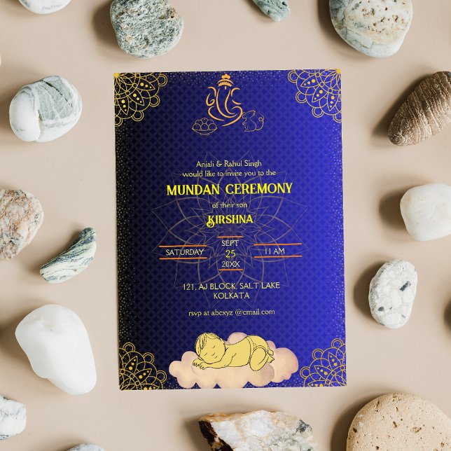 Mundan Zeremonie Ganesha Logo Royal Golden & Blue Einladung (Von Creator hochgeladen)