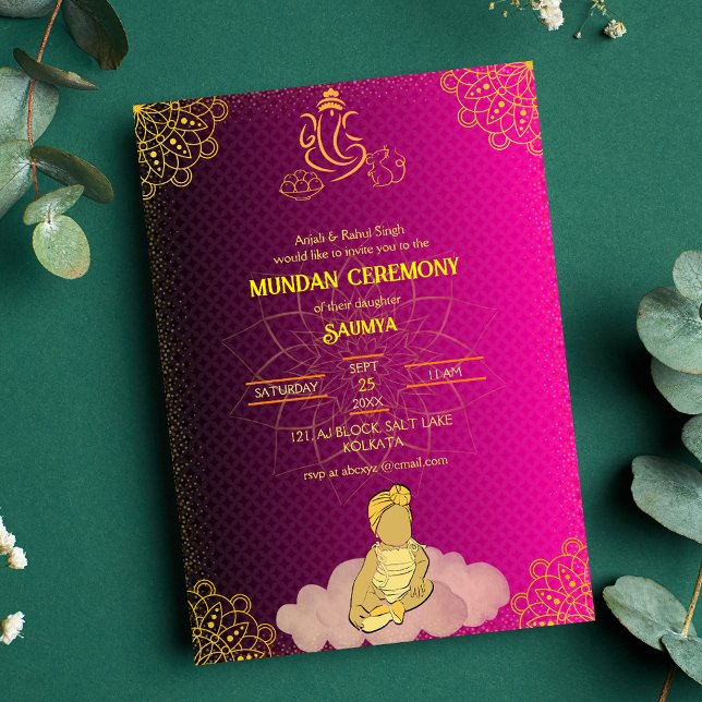 Mundan Zeremonie Ganesha Logo Royal Golden & Pink Einladung (Von Creator hochgeladen)