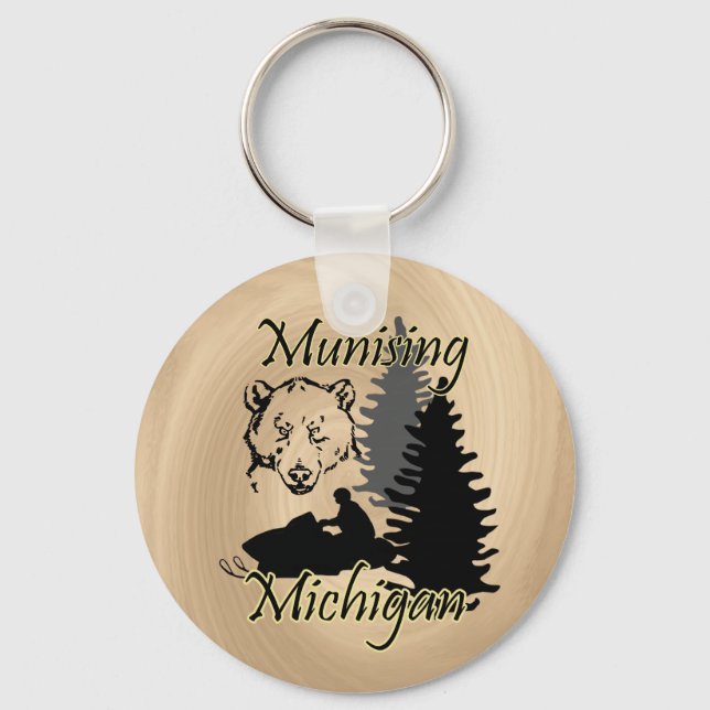 Munising Michigan Snowmobile Bear Wood Look Schlüsselanhänger (Vorderseite)