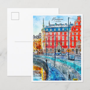 Munkbron Schweden vintage Reise Aquarell Postkarte