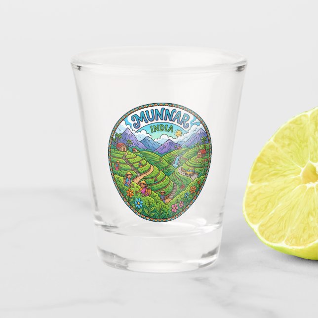 Munnar Teeplantagen Indien Schnapsglas (Vorderseite)