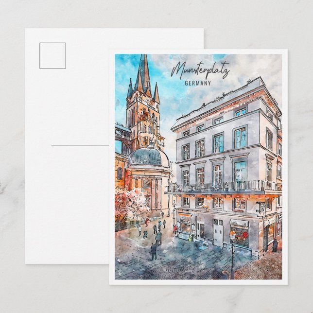 Münsterplatz Deutschland Vintage Reise Aquarell Postkarte (Vorne/Hinten)
