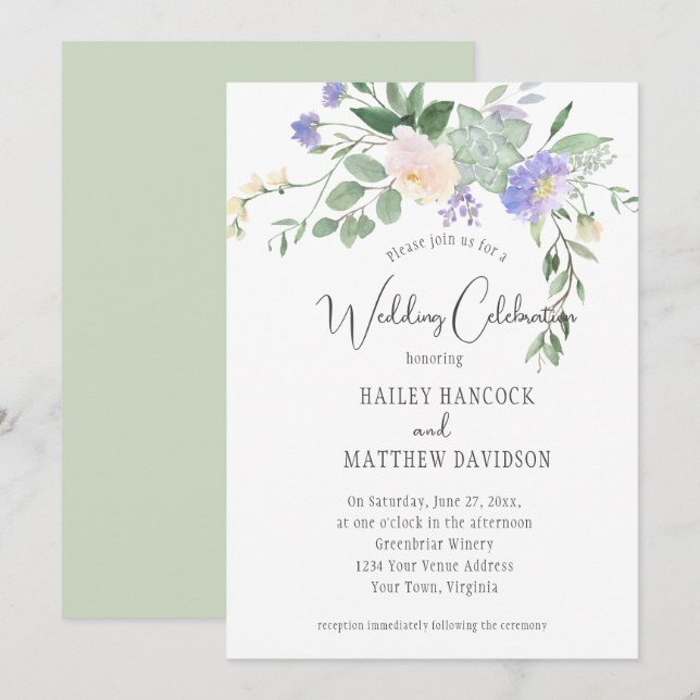 Münze und Lavendel Florals und Sukkulente Hochzeit Einladung (Vorne/Hinten)