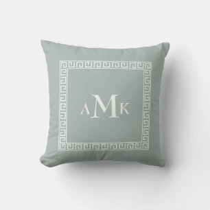 Münzgrüner griechischer Schlüssel Monogramm-Wurf Kissen