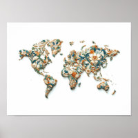 Mur Art Monde Carte avec Majolica design Poster