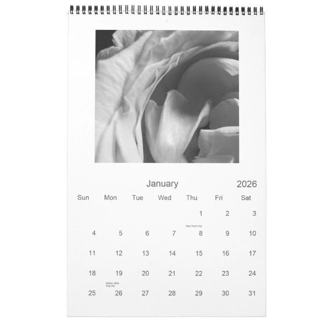 Mural Calendrier des roses noirs et blancs 2009 (Jan 2026)
