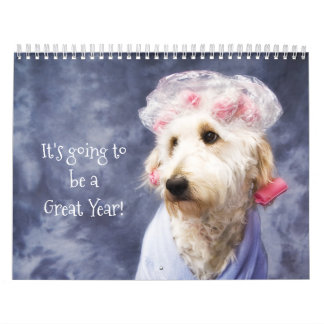Mural Chien blanc drôle Calendrier Doodle doré