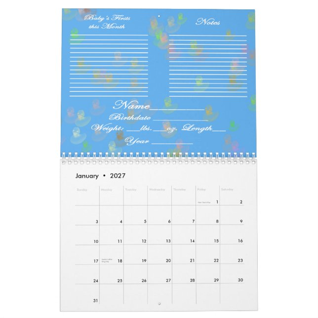 Mural Premier calendrier de bleu de l'année du bébé (Jan 2027)